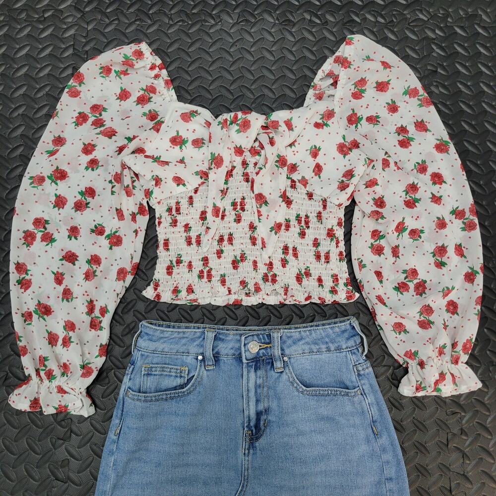 Rose Print Smocked Crop Top Puff Sleeve Bow Front Coquette Cottagecore M